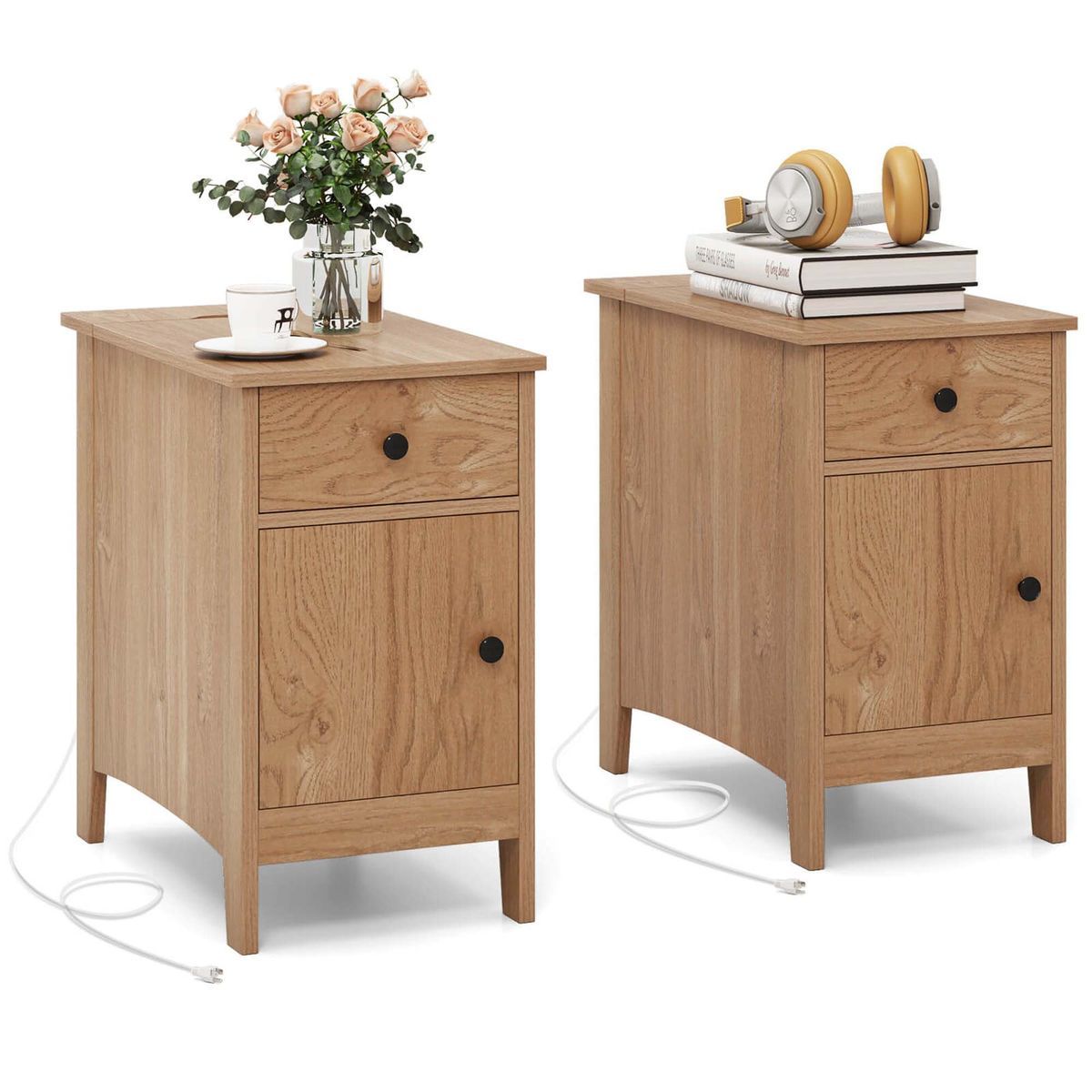 End Table with Charging Station and Built-In Power Strip - 2PCS End Table -Natural