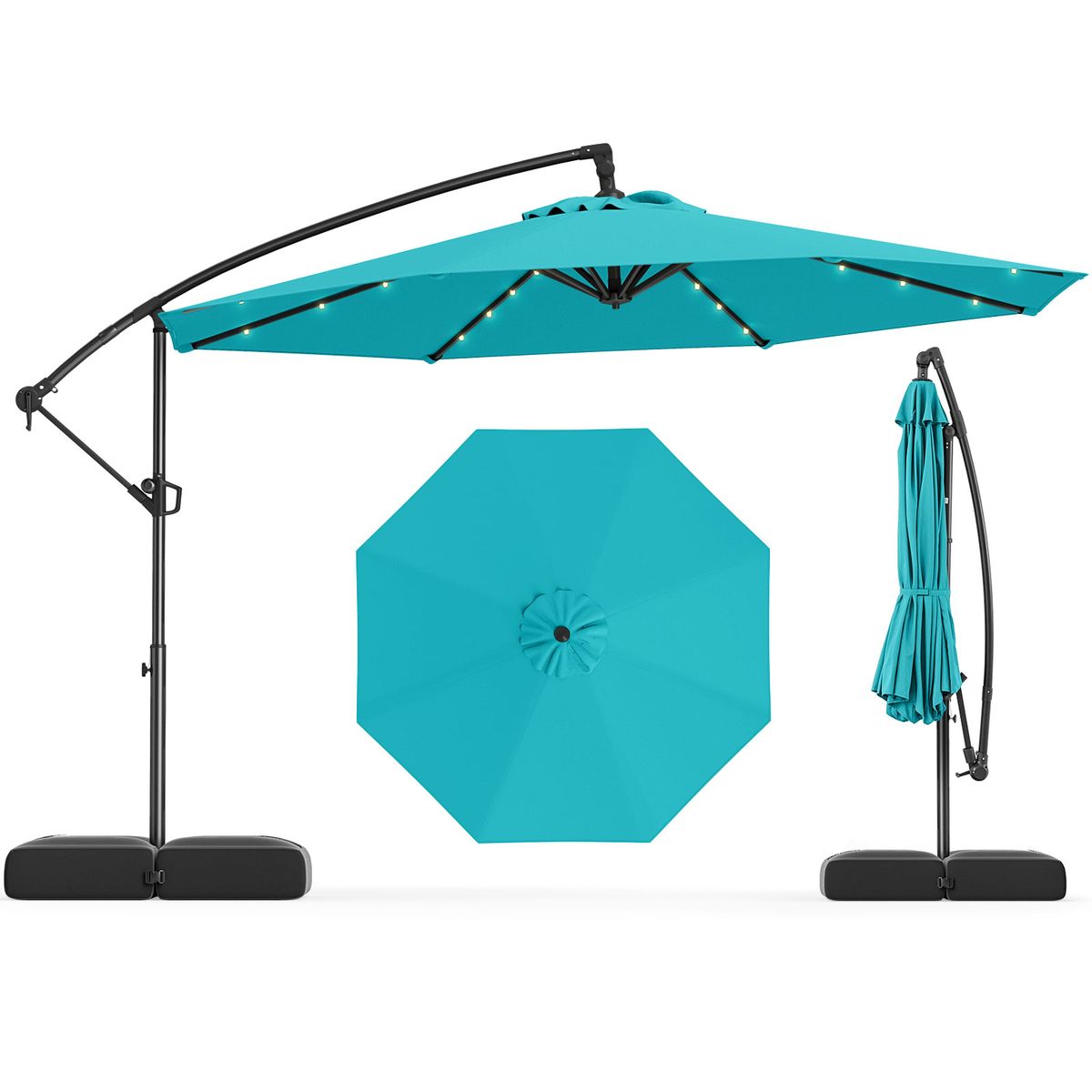 10-foot Offset Hanging Umbrella with Base (With or Without Lights) - Patio Umbrella-Turquoise with Lights