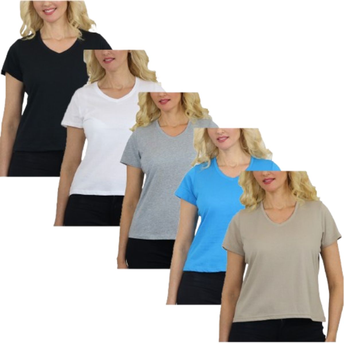Women&rsquo;s Relaxed Fit V-Neck Short Sleeve Tee (5-Pack) - LVT-100 - BK-WH-HG-MV-AQ - XL
