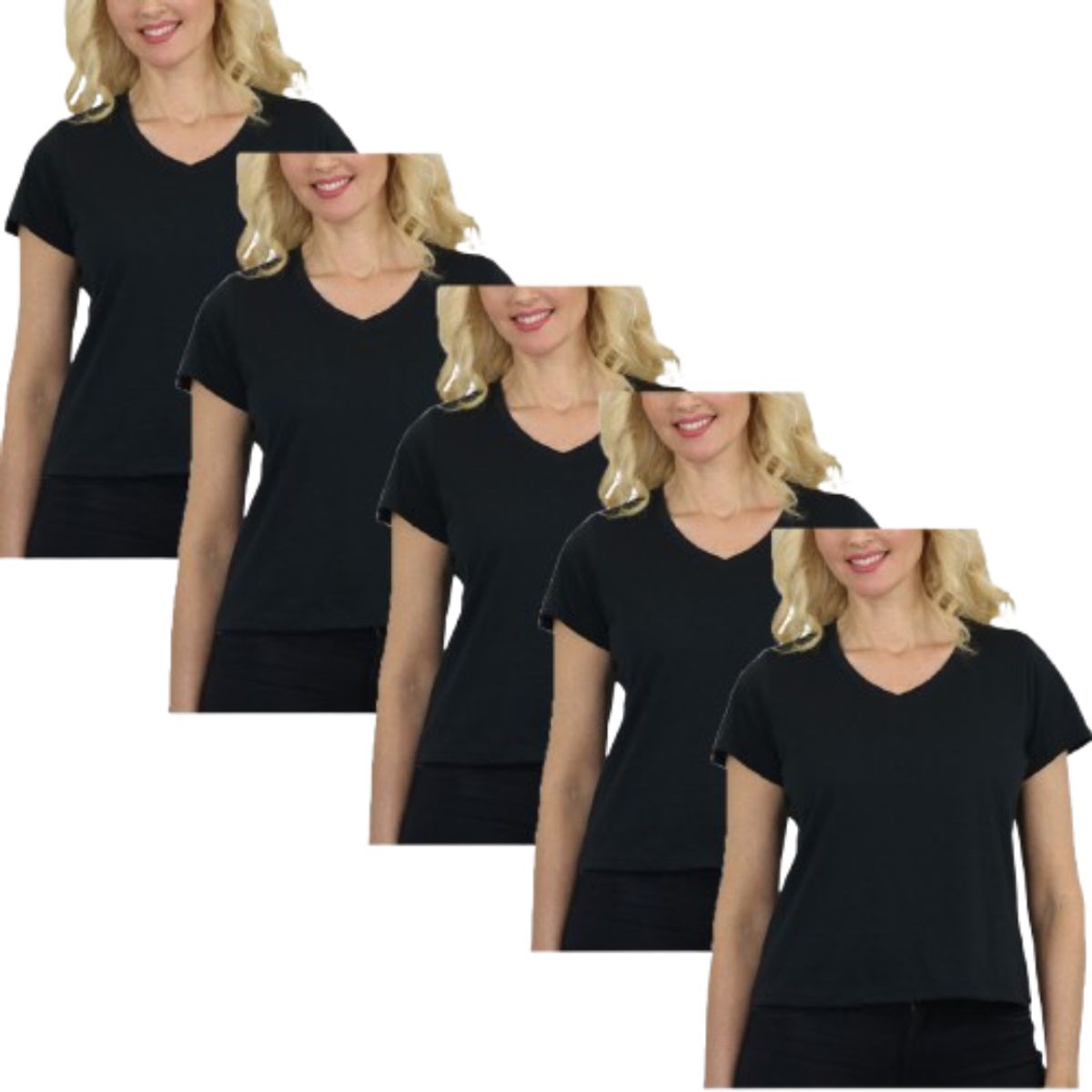 Women&rsquo;s Relaxed Fit V-Neck Short Sleeve Tee (5-Pack) - LVT-100 - BK-BK-BK-BK-BK - M