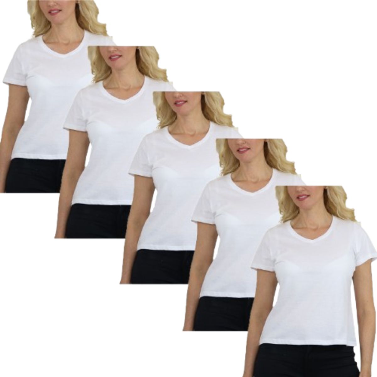 Women&rsquo;s Relaxed Fit V-Neck Short Sleeve Tee (5-Pack) - LVT-100 - WH-WH-WH-WH-WH - 2XL