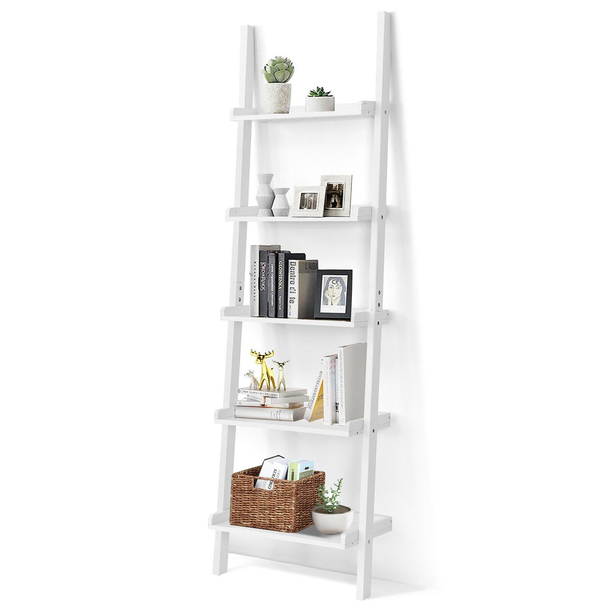5-Tier Leaning Wall Ladder Shelf - Costway Versatile White 5-Tier
