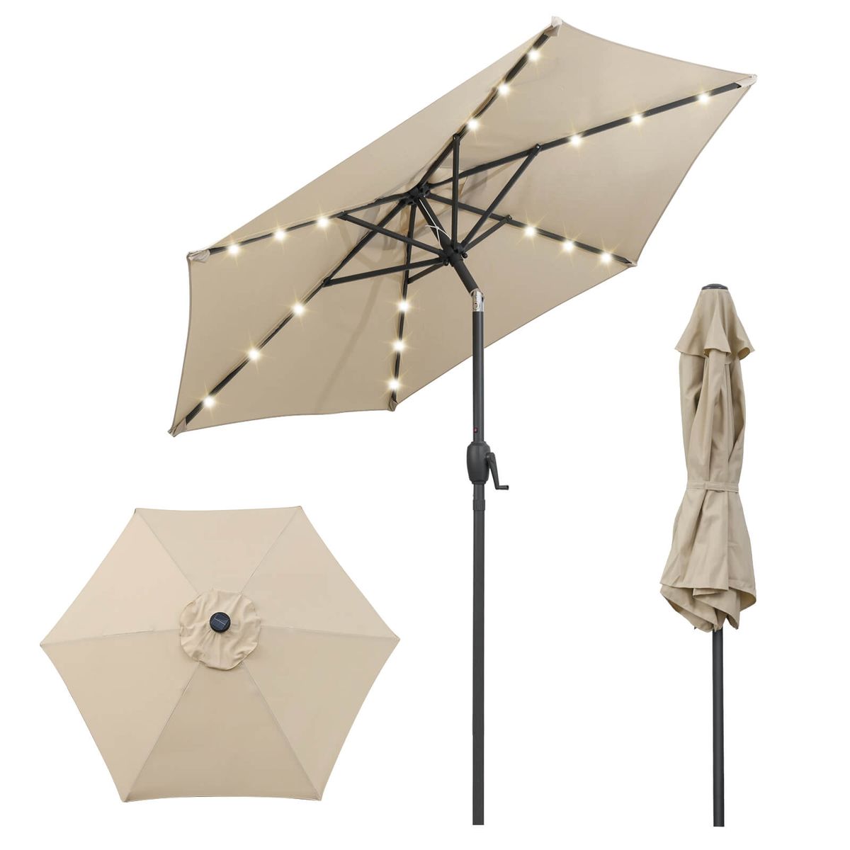 7.5-foot Solar Powered Patio Umbrella with LED Lights - Patio Umbrella-Beige
