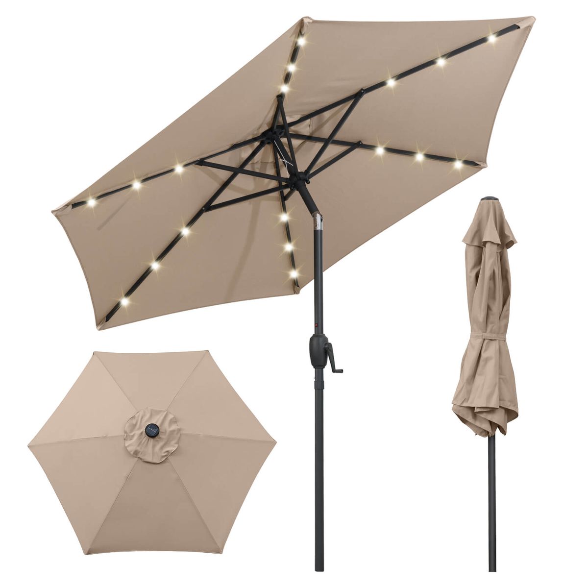 7.5-foot Solar Powered Patio Umbrella with LED Lights - Patio Umbrella-Brown