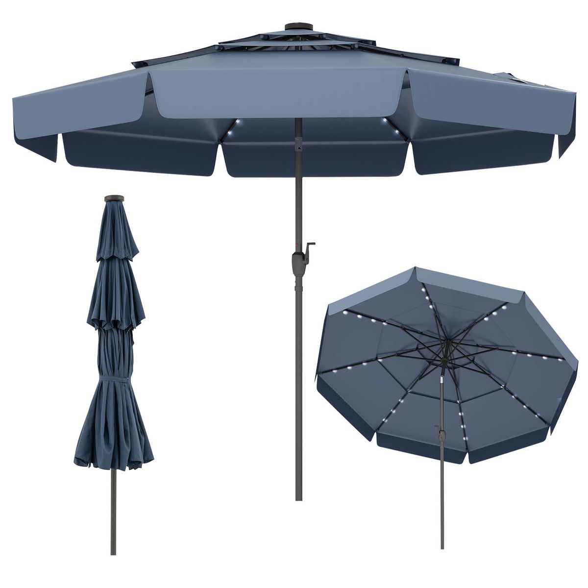 10-foot Solar Patio Umbrella with 3-Tier Vented Top and 32 LED Lights - Patio Umbrella-Blue