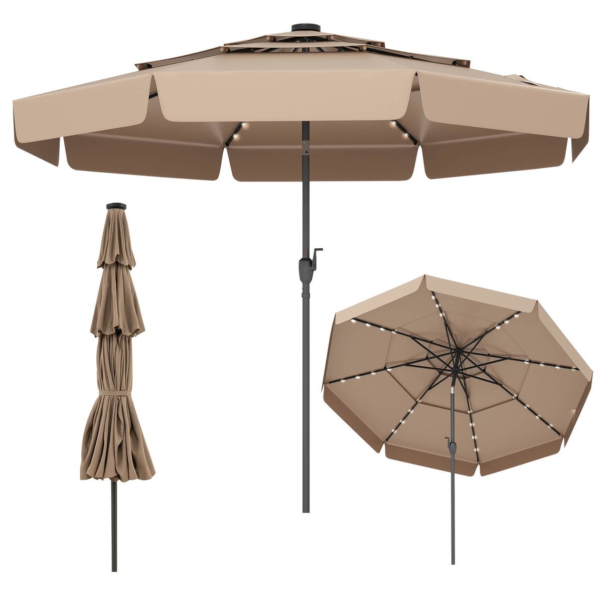 10-foot Solar Patio Umbrella with 3-Tier Vented Top and 32 LED Lights - Patio Umbrella-Brown