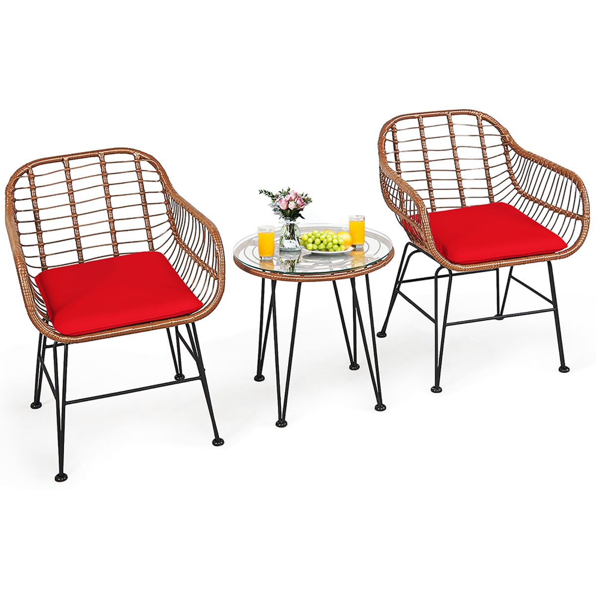 Rattan 3-Piece Bistro Furniture Set - Bistro Set -Red