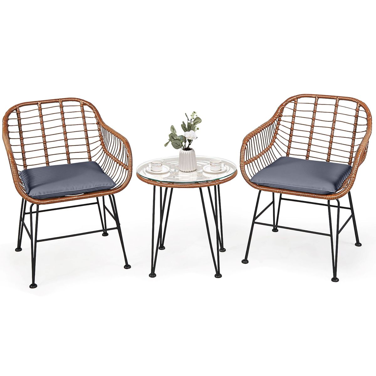 Rattan 3-Piece Bistro Furniture Set - Bistro Set -Black