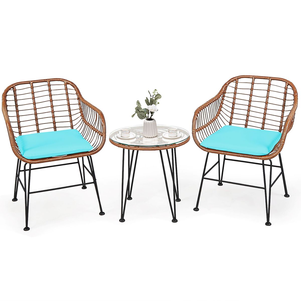 Rattan 3-Piece Bistro Furniture Set - Bistro Set -Turquoise