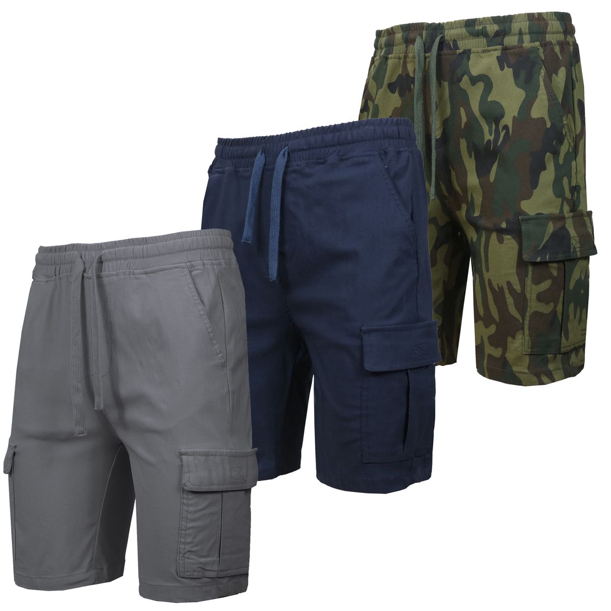 Men&rsquo;s Stretch Pull-On Cargo Shorts (3-Pack) - MSSCS-01-NV-GY-WD - L