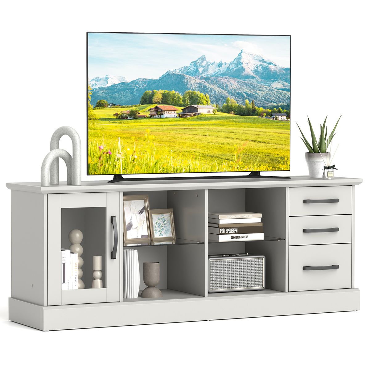 TV Stand for 73" TV with 2 Adjustable Glass Shelves - TV Stand Gray