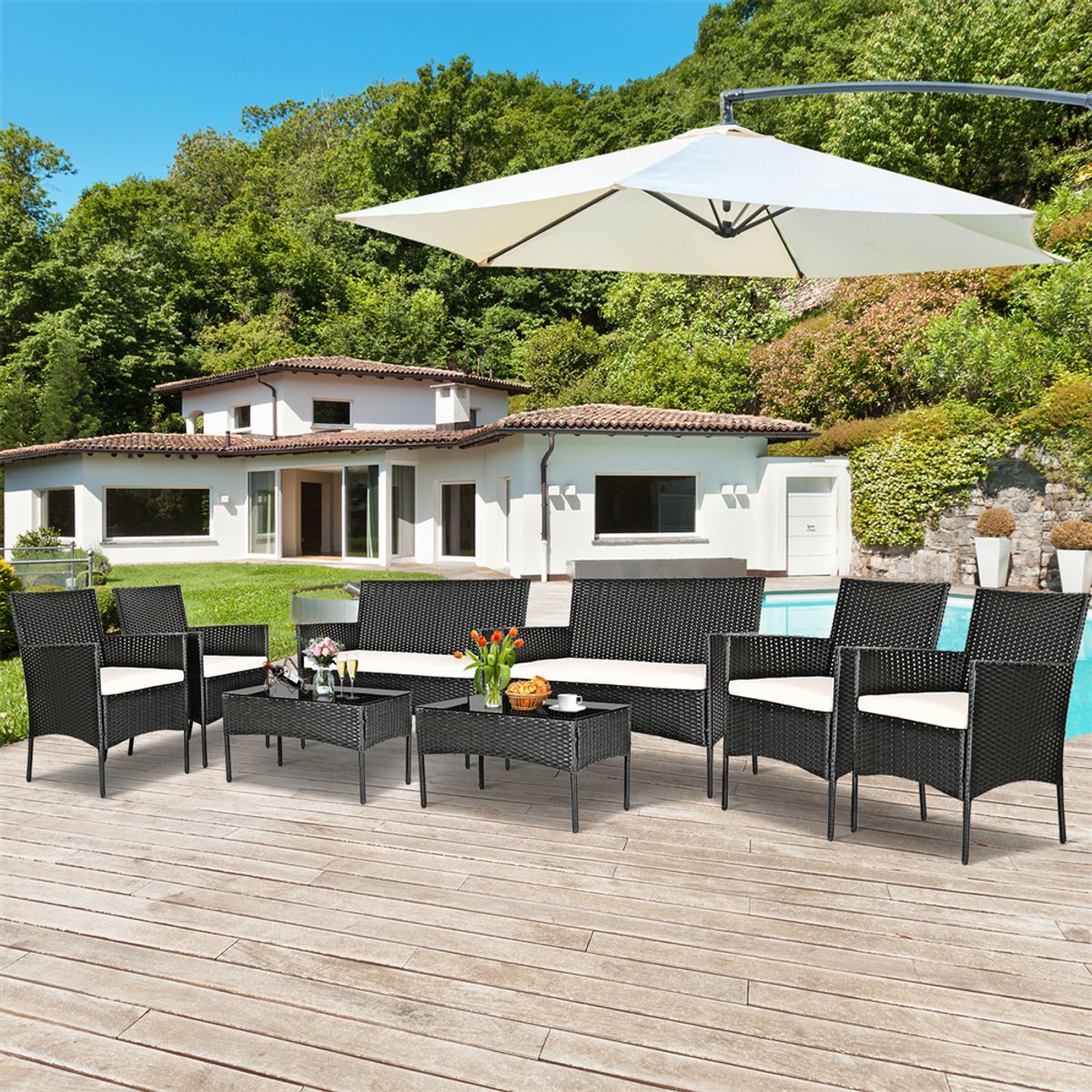 Rattan Outdoor 8-Piece Patio Furniture Set - Patio Furniture Set-White