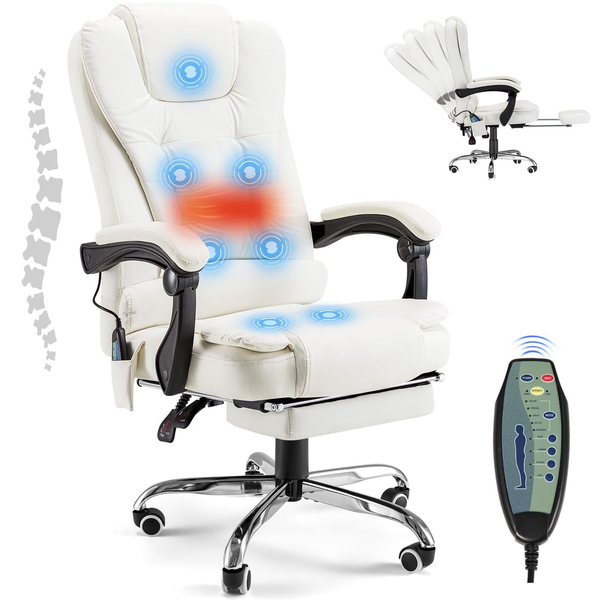 Ergonomic Recliner Office Chair with Massage and Heat Functions  Cream White Leather