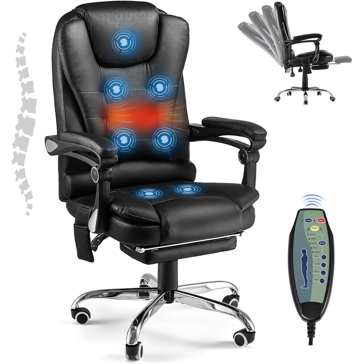 Ergonomic Recliner Office Chair with Massage and Heat Functions  Black Leather