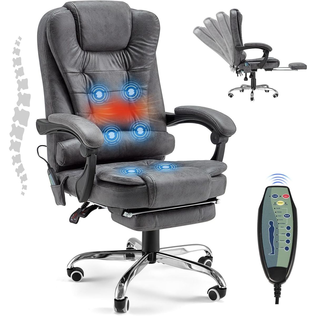 Ergonomic Recliner Office Chair with Massage and Heat Functions - Grey Leather