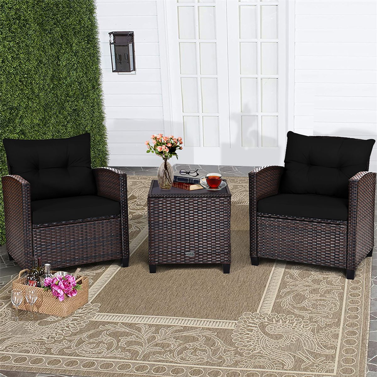 3-Piece Rattan Patio Furniture Set with Large Cushions - Furniture Set 3PCS-Black