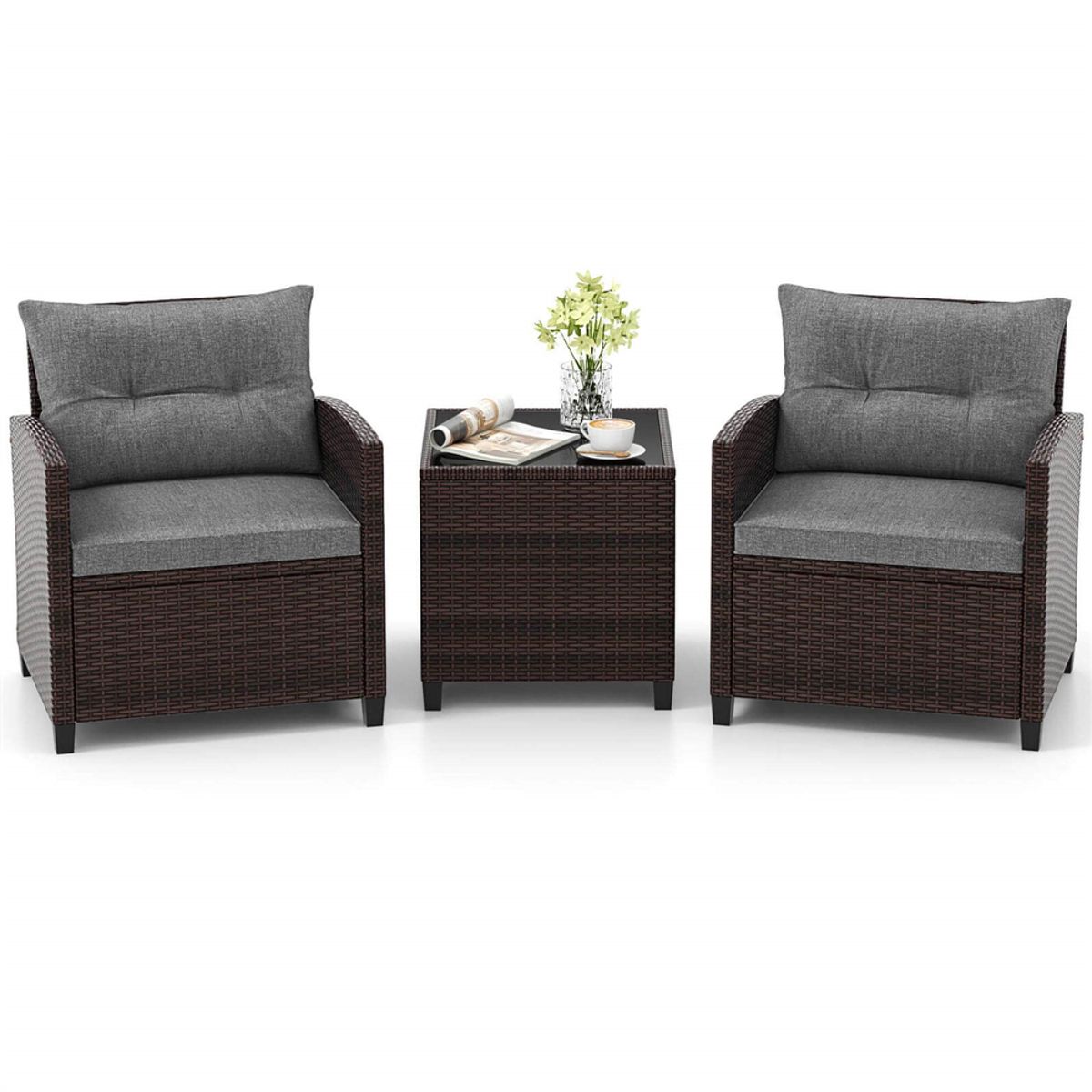 3-Piece Rattan Patio Furniture Set with Large Cushions - Furniture Set 3PCS-Gray-image-SKU15326920