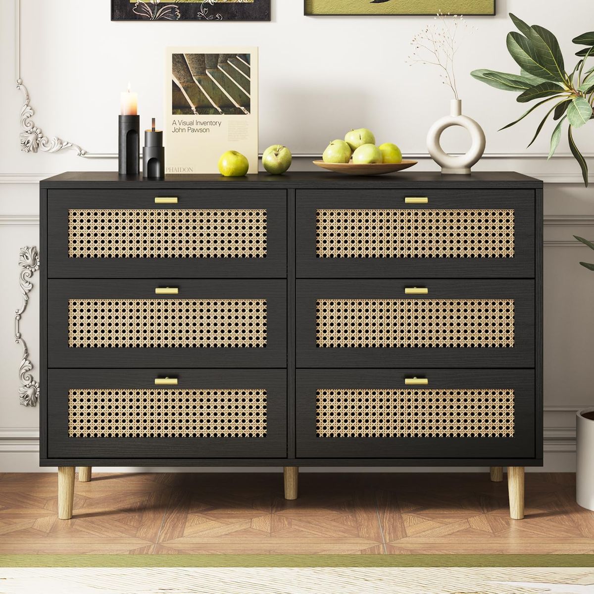 6-Drawer Rattan Dresser - Black