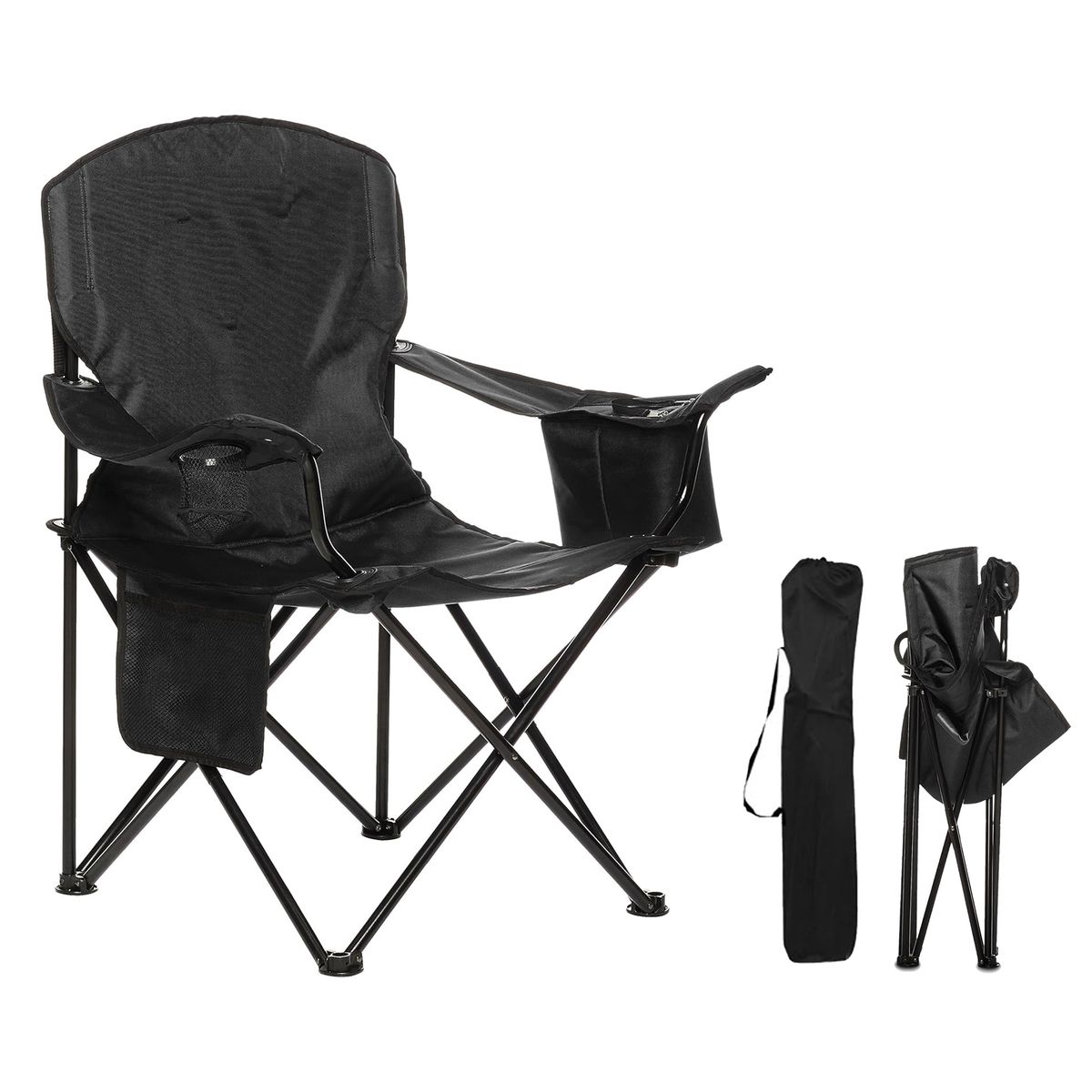 Durable Extra-Large Camping Chair with Padded Seat and Beverage Storage - Black