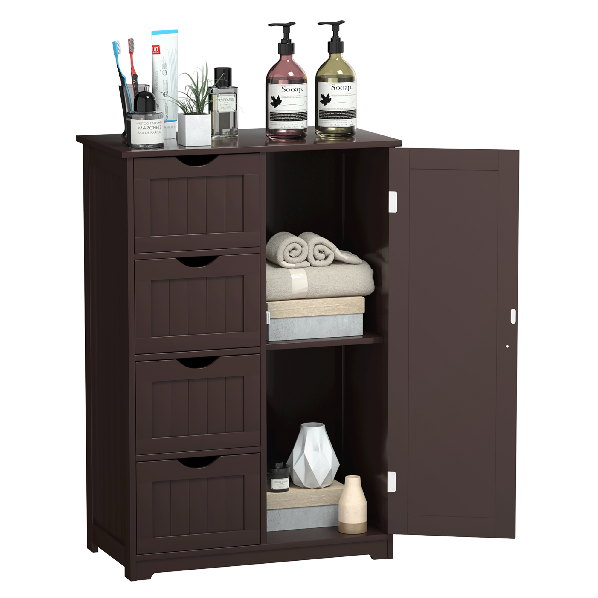 Wooden 4 Drawer Bathroom Cabinet Storage Cupboard 2 Shelves Free Standing - Brown
