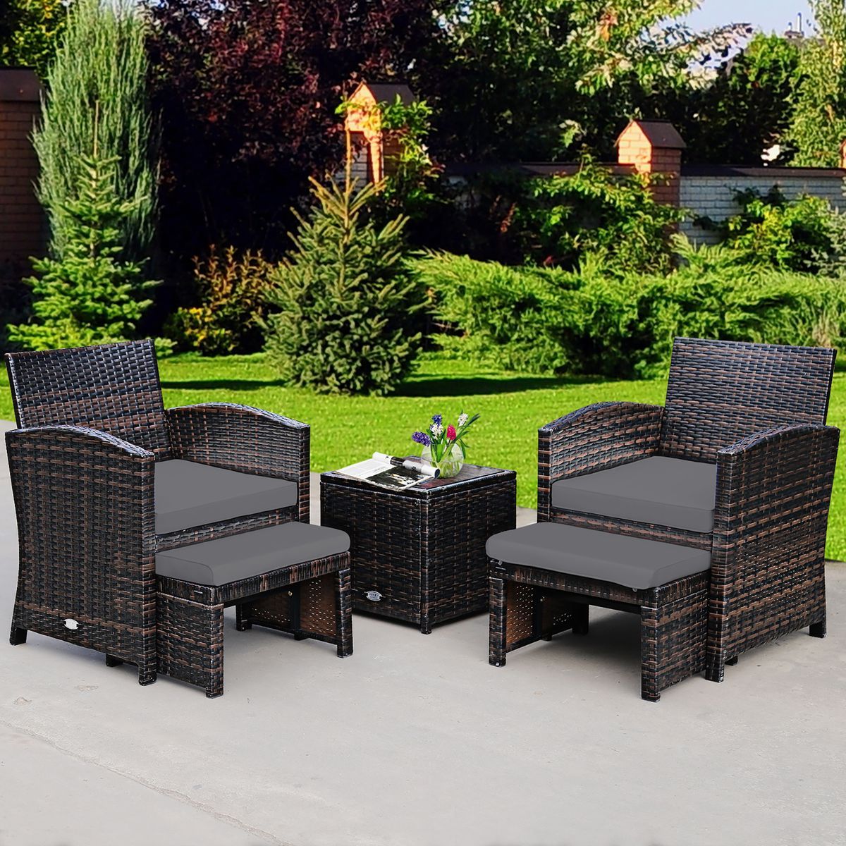 5-Piece Patio Rattan Wicker Furniture Set with Ottoman & Tempered Glass Coffee Table - Costway 5PCS Patio Rattan Wick-Gray