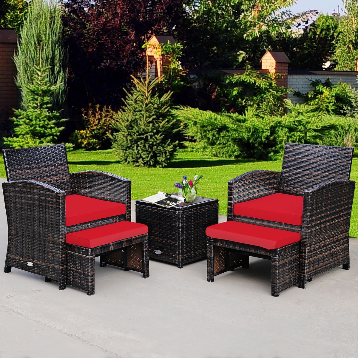 5-Piece Patio Rattan Wicker Furniture Set with Ottoman & Tempered Glass Coffee Table - Costway 5PCS Patio Rattan Wick-Red