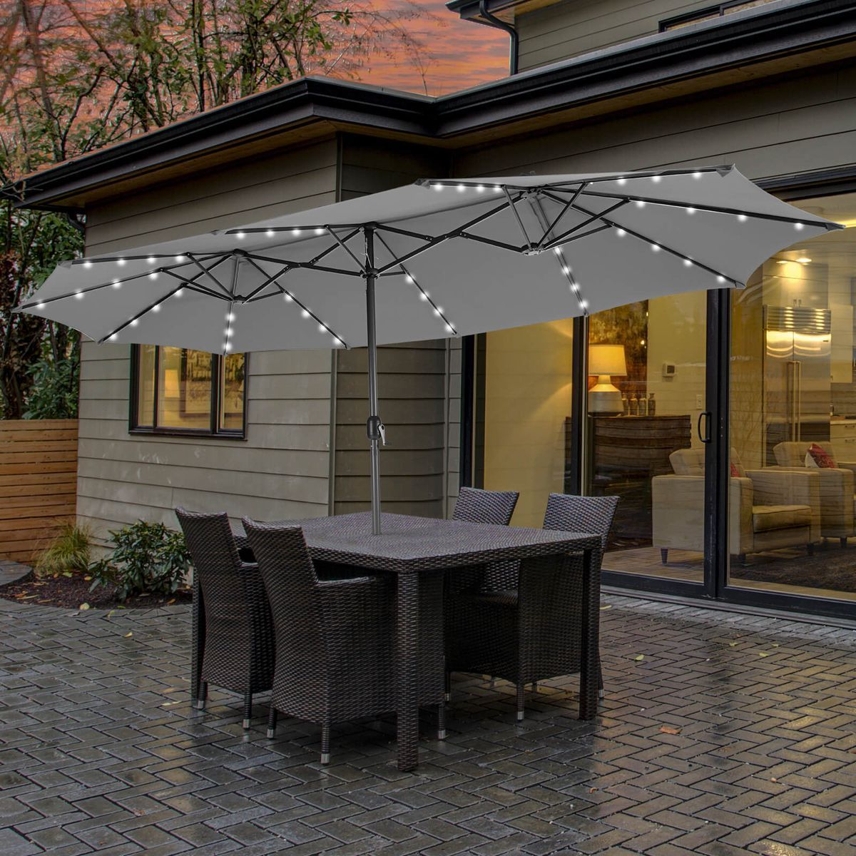 15-Foot Double-Sided Patio Umbrella with 48 Solar LED Lights - Gray