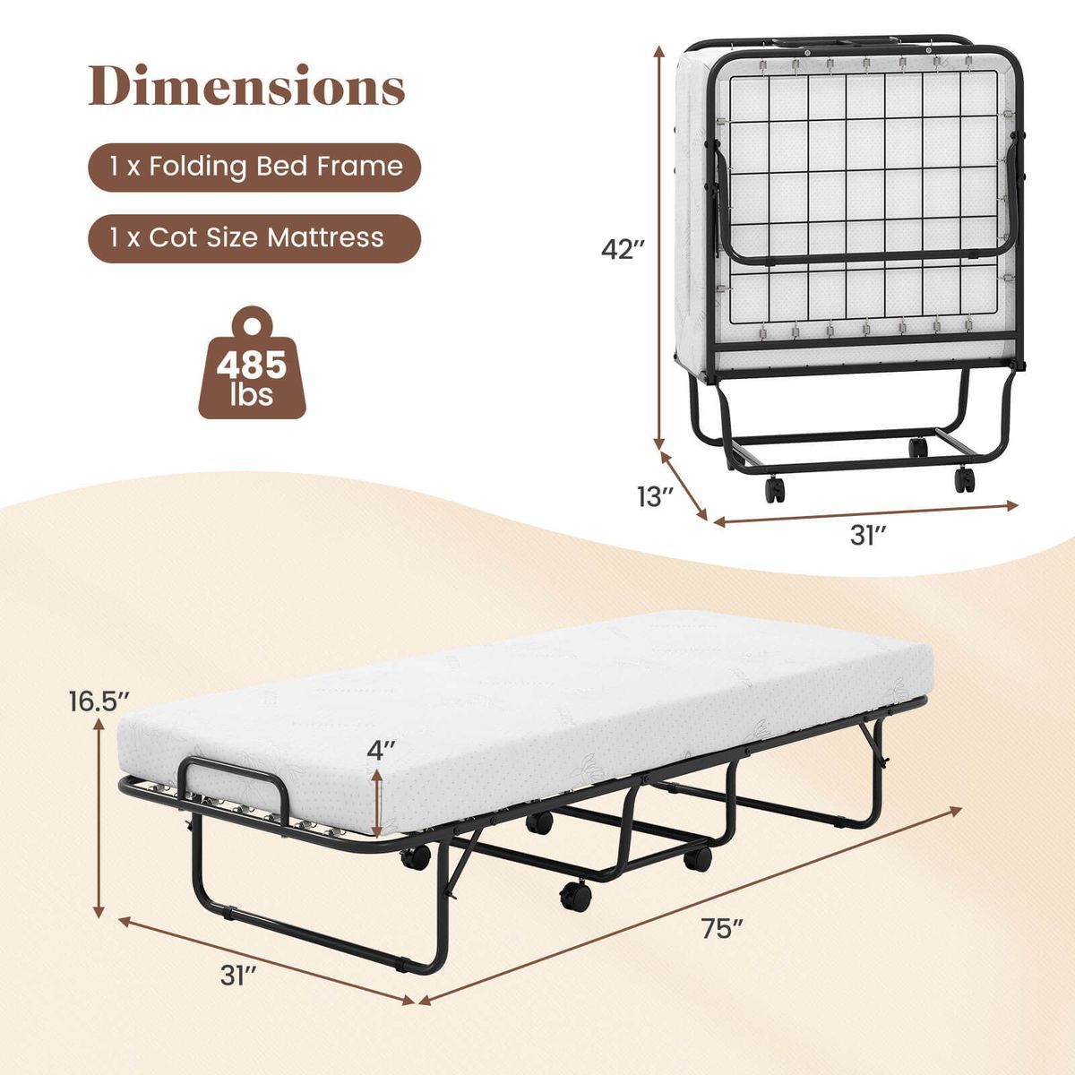 Rollaway Folding Bed with Deluxe Memory Foam Mattress - Costway Twin Size Folding Bed-White