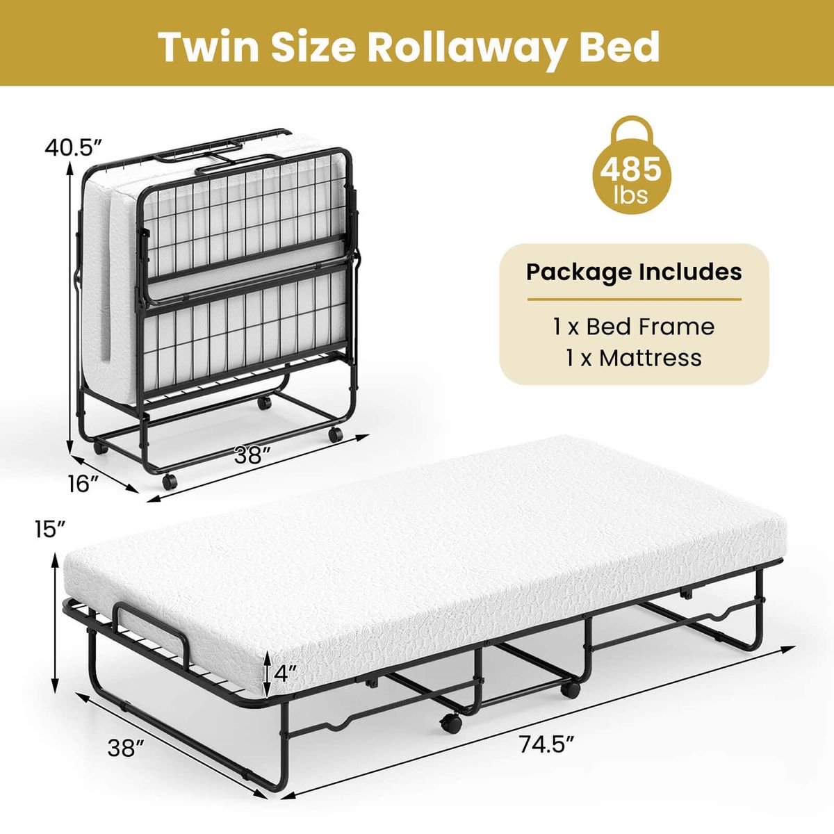 Rollaway Folding Bed with Deluxe Memory Foam Mattress - Costway Twin Size Folding Bed-Black