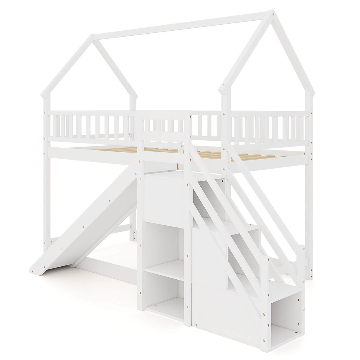 Twin-Over-Twin Bunk Bed with Staircase and Storage - Bunk Bed-White