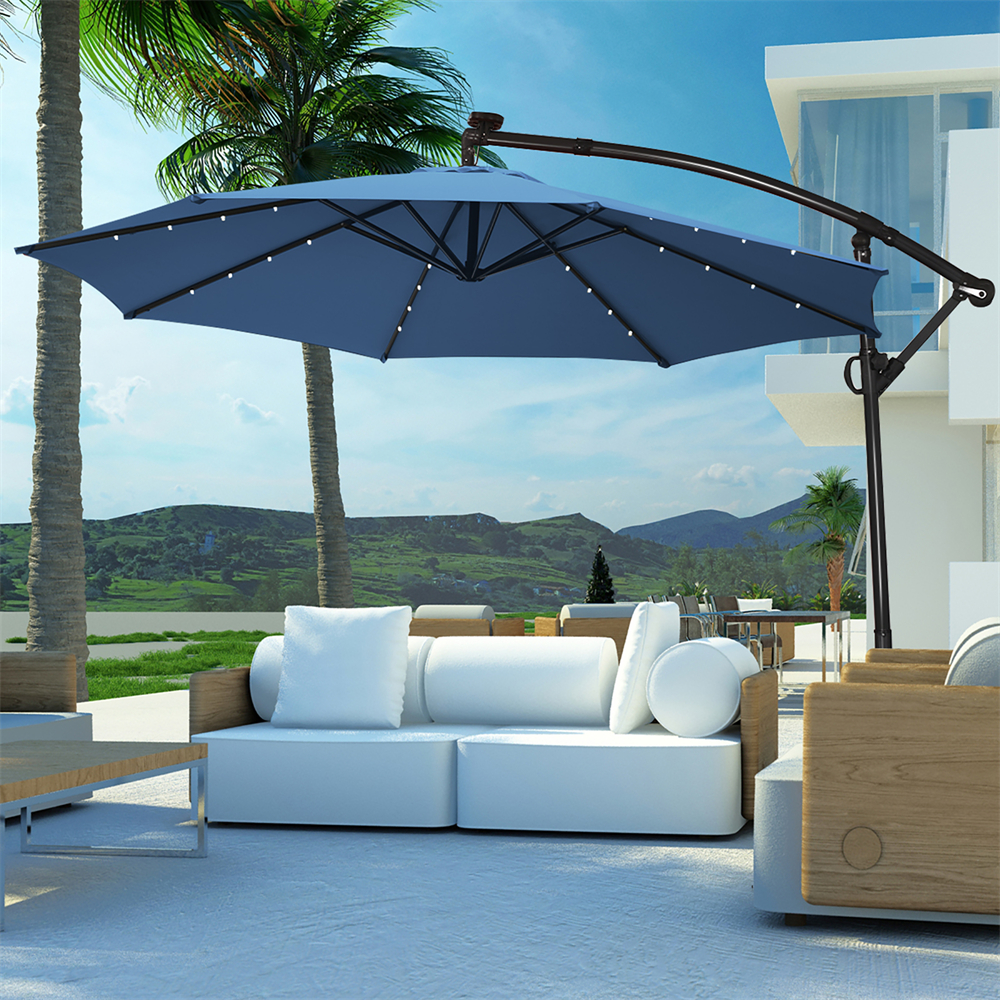 10-Foot 360-Degree Solar LED Patio Offset Umbrella - Umbrella Blue