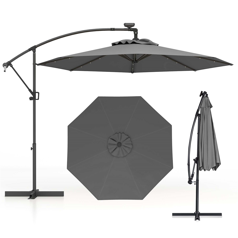 10-Foot 360-Degree Solar LED Patio Offset Umbrella - Umbrella Gray