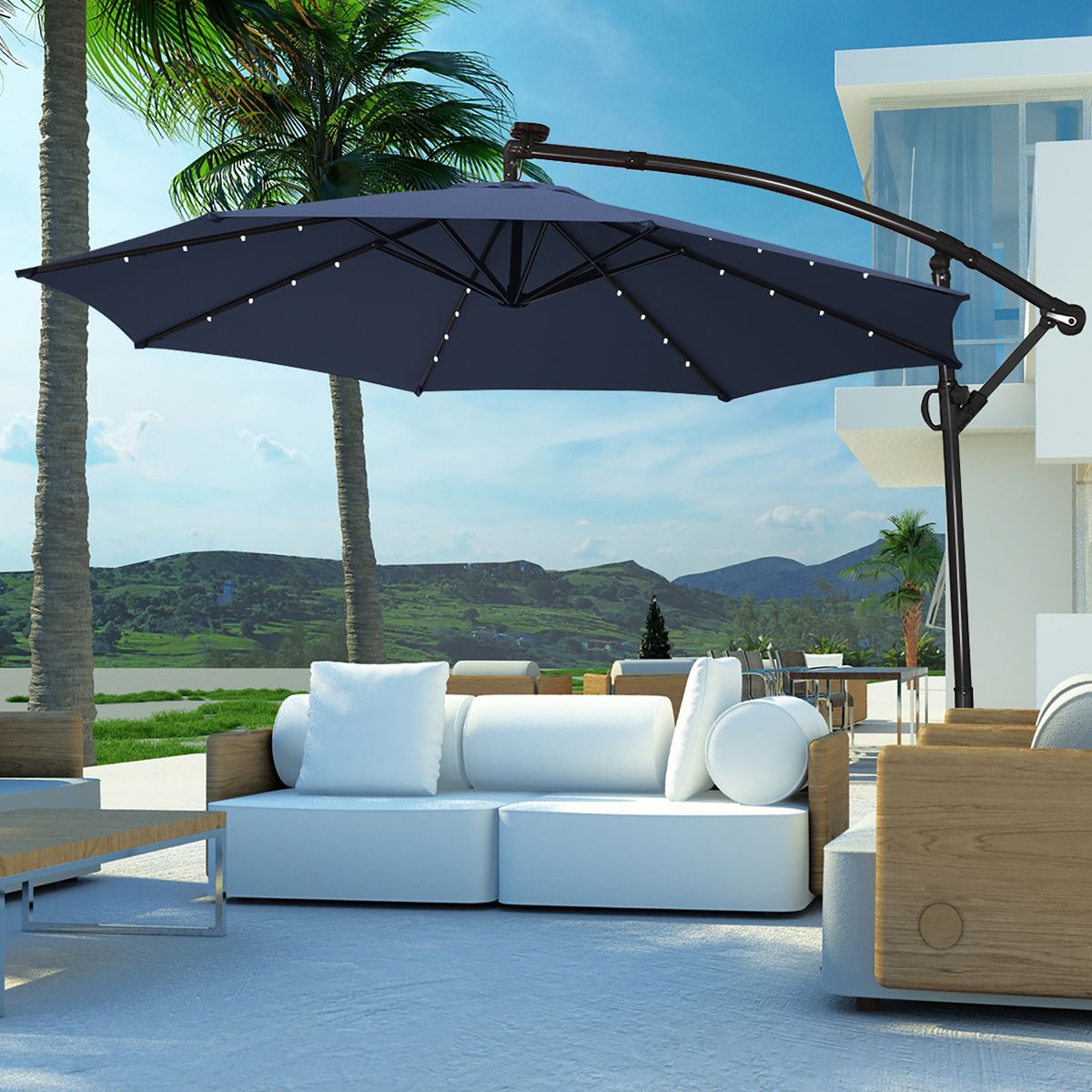 10-Foot 360-Degree Solar LED Patio Offset Umbrella - Umbrella Navy