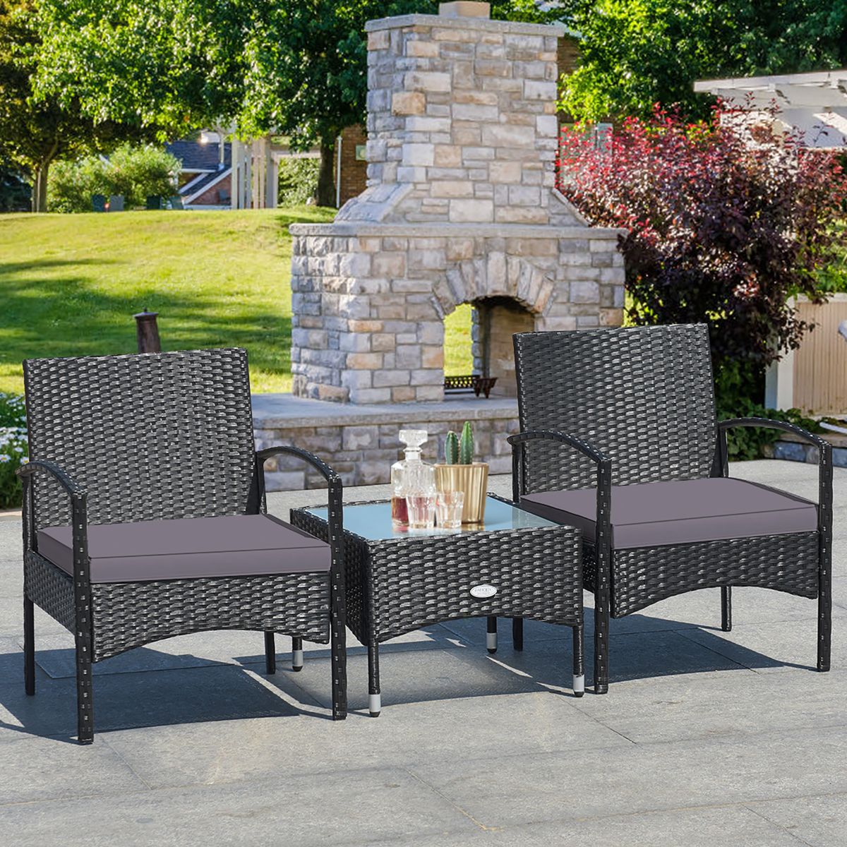 3-Piece Patio Rattan Furniture Set with Coffee Table - Grey