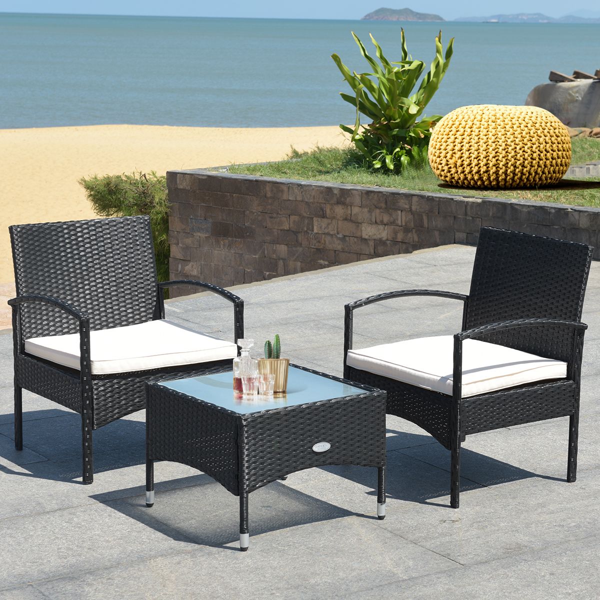3-Piece Patio Rattan Furniture Set with Coffee Table - Tan