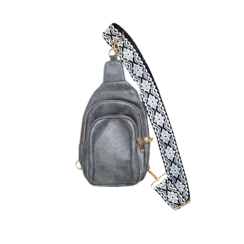 Boho Chic Sling Bag with Embroidered Strap - Grey