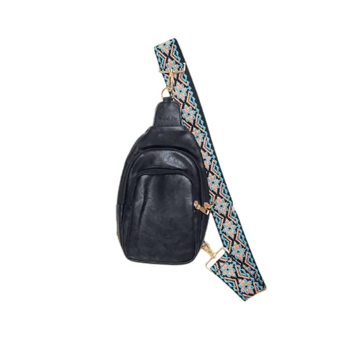 Boho Chic Sling Bag with Embroidered Strap - Black