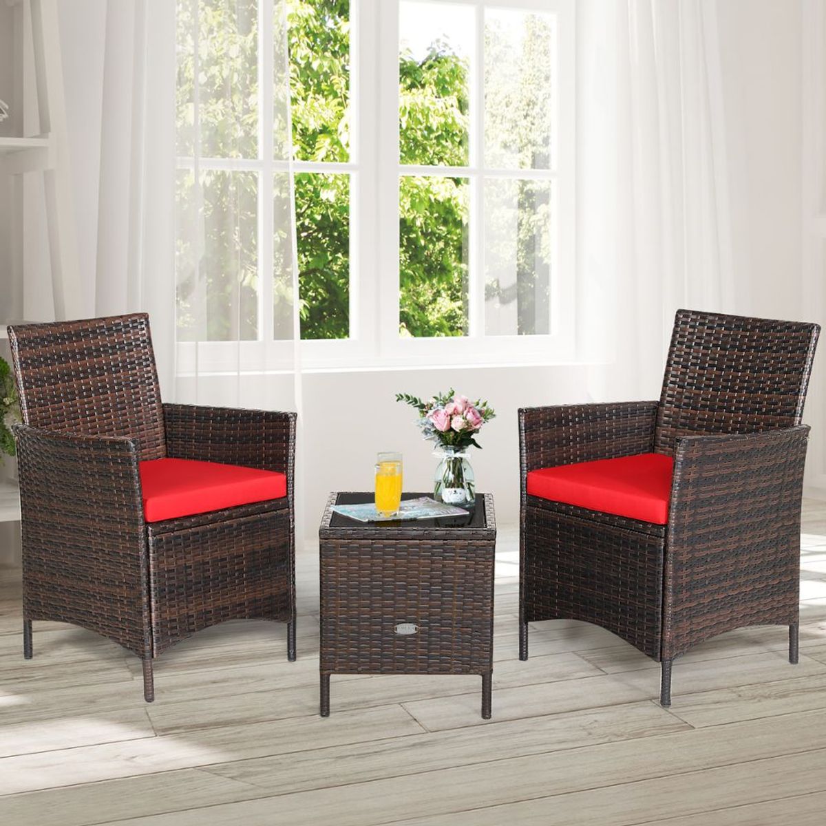 Rattan Wicker Outdoor 3-Piece Table and Chair Set - Red
