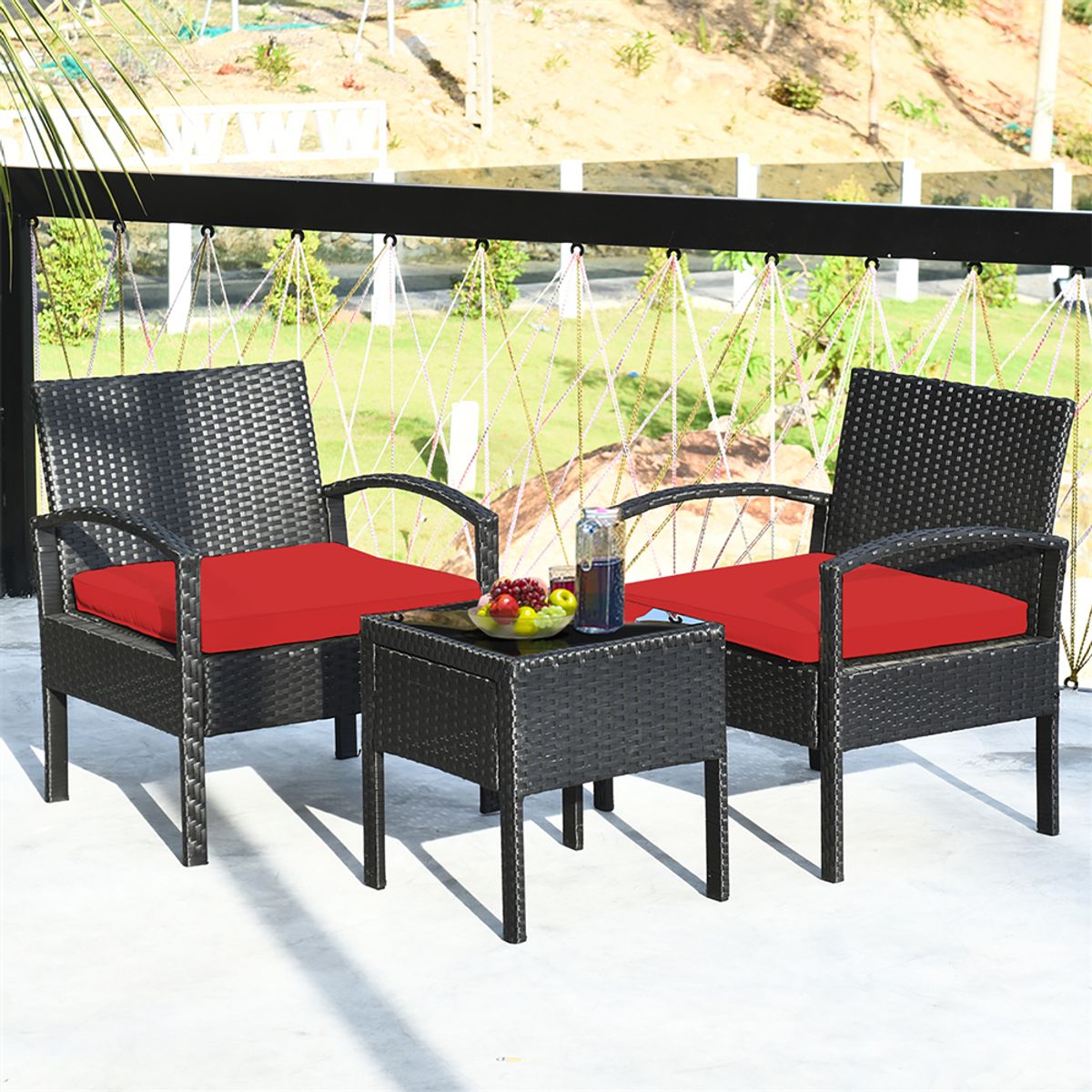 3-Piece Rattan Furniture Conversation Set - Conversation Set-Red