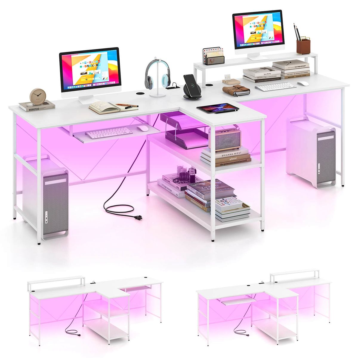 94.5" 2-Person Reversible Computer/Office Desk with LED Lights - Office Desk-White