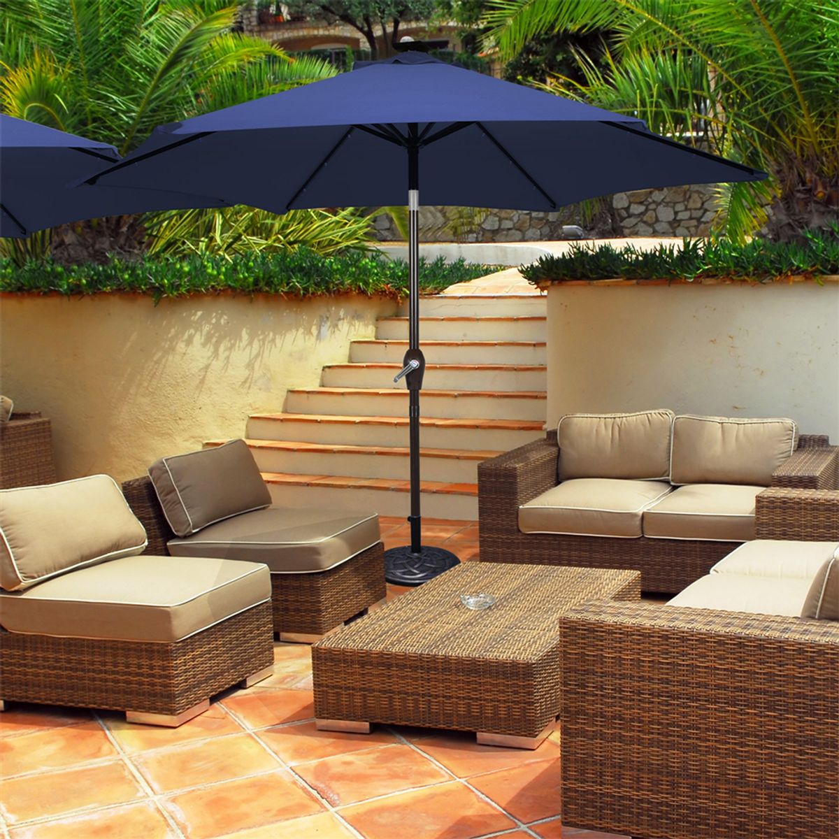 10-Foot Outdoor Patio Umbrella with Bright Solar LED Lights - Lighted Patio Umbrella-Navy