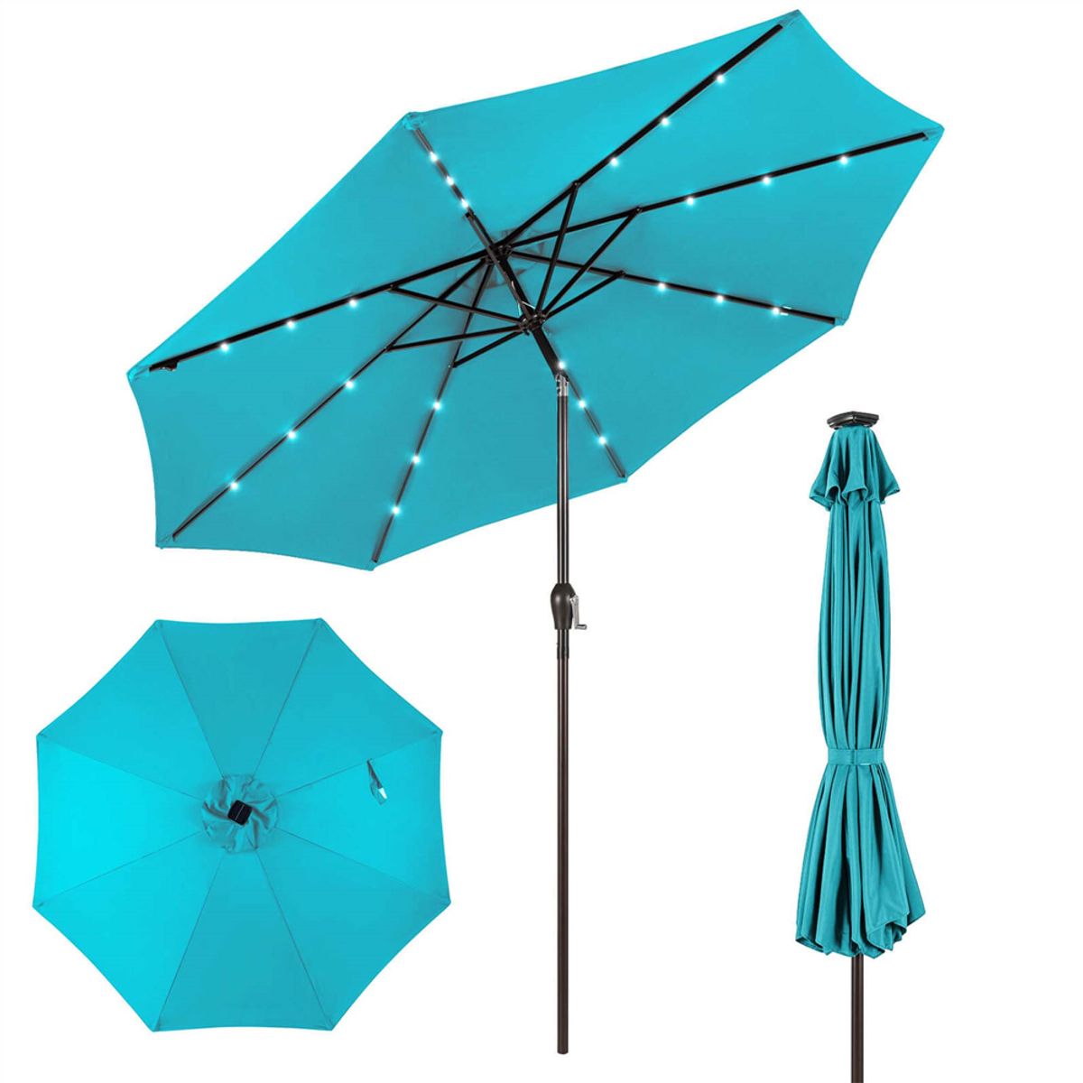 10-Foot Outdoor Patio Umbrella with Bright Solar LED Lights - Lighted Patio Umbrella-Turquoise