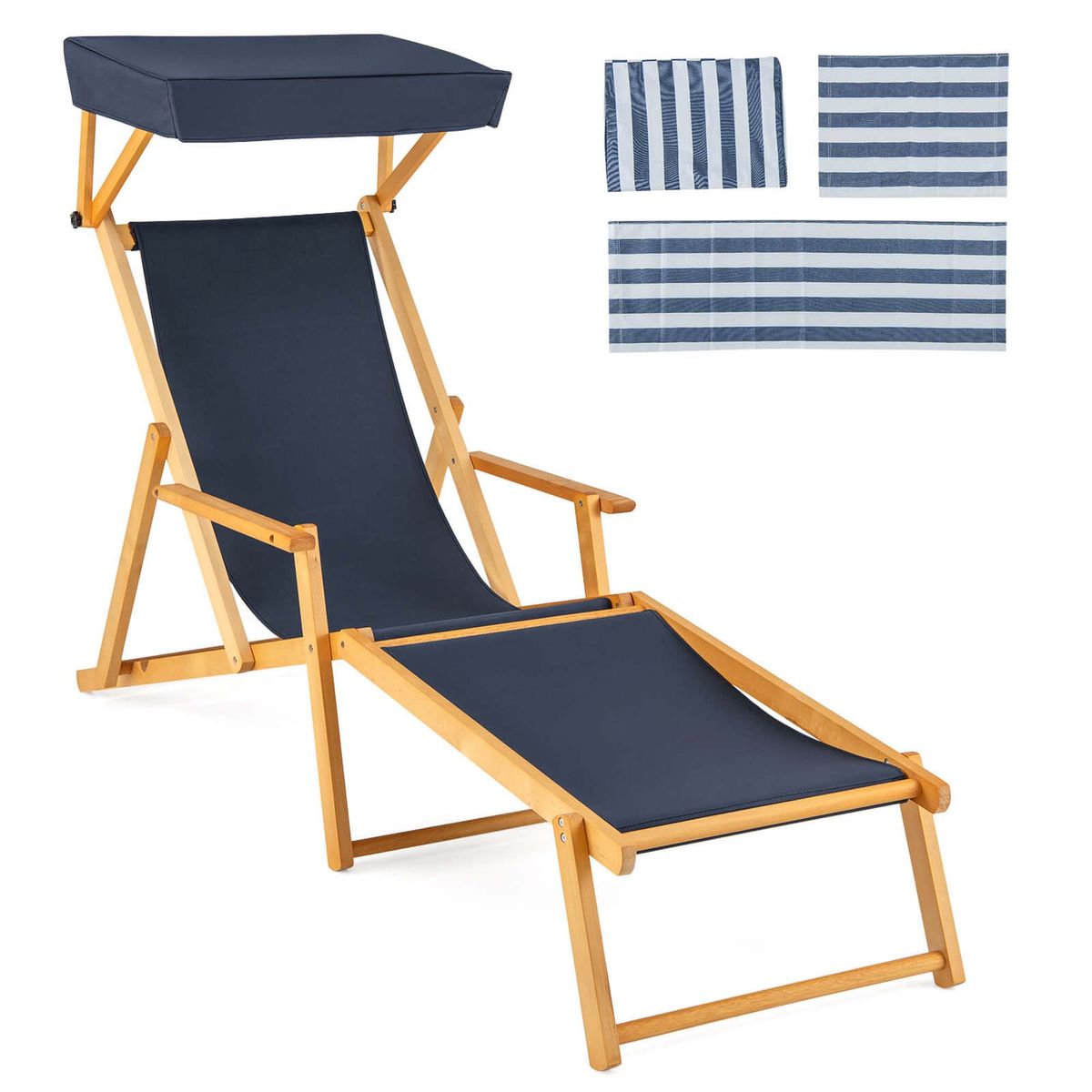 Birch Wood Chaise Lounge Chair with Adjustable Canopy - Navy