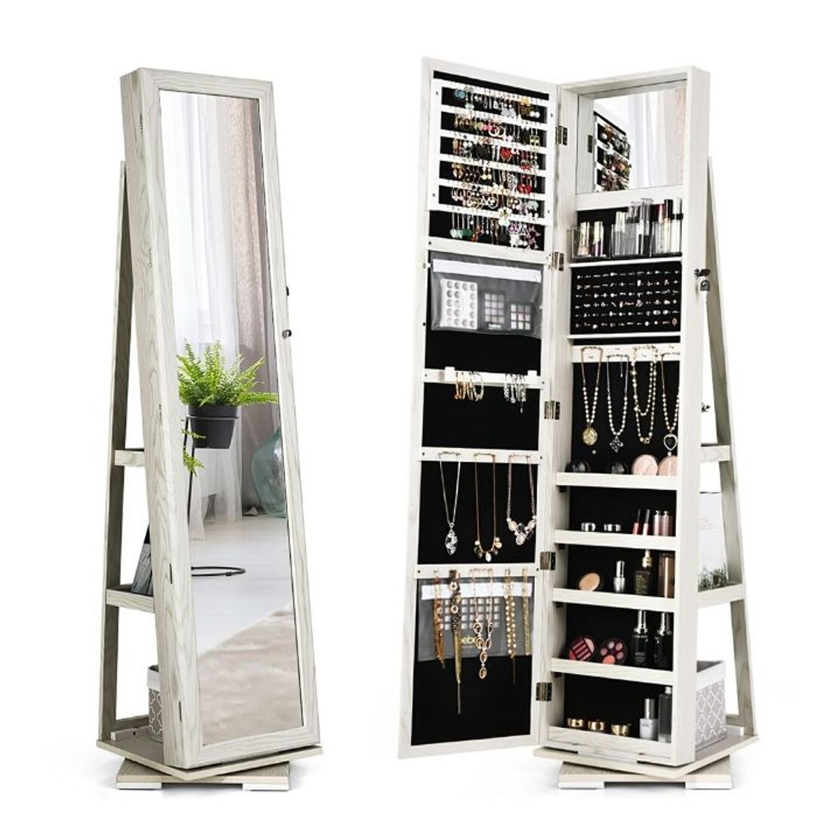 Photos - Wardrobe Costway 2-in-1 Lockable Mirrored 360° Rotating Jewelry Armoire - White HW64483WH