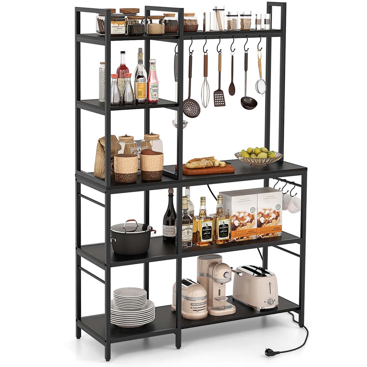 5-Tier Bakers' Rack with Power Outlets and 10 S-Shaped Hooks - Black