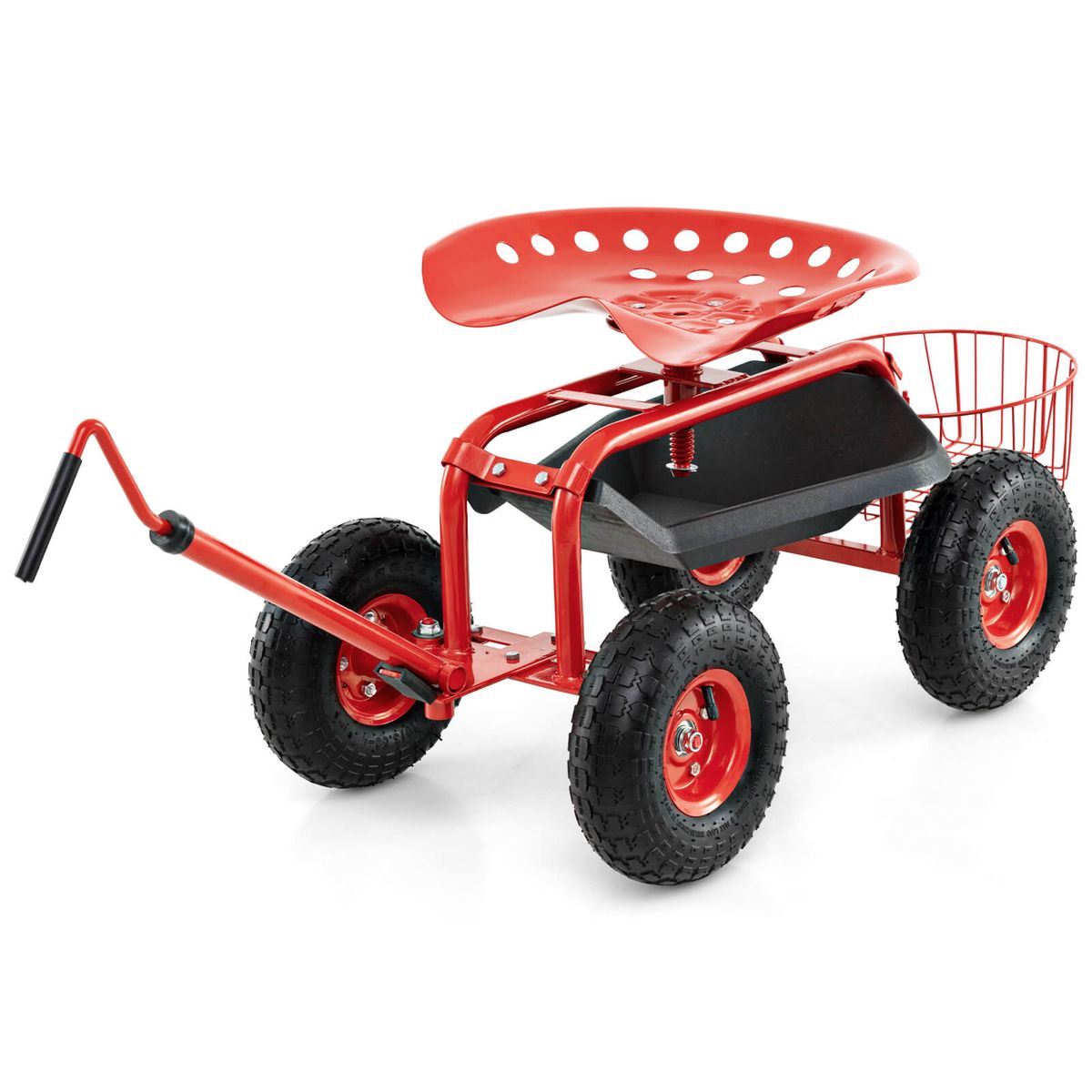 Garden Cart Rolling Work Seat for Planting w/E xtendable Handle - Red