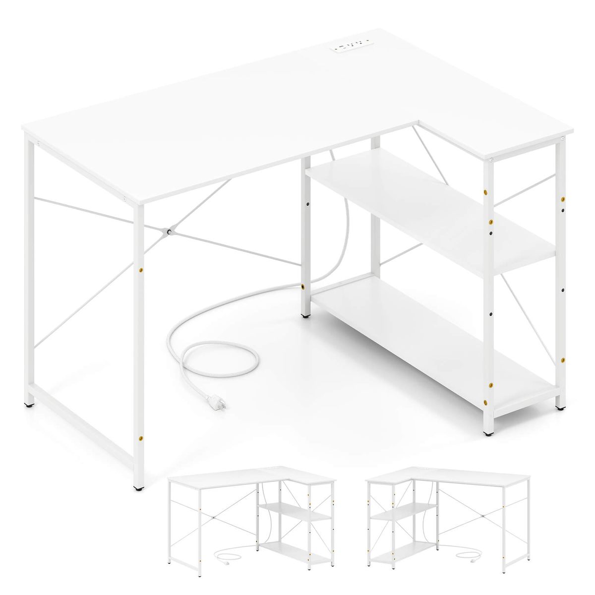 L-Shaped Computer Desk with Power Outlets and Removable Shelf - Computer Desk-White