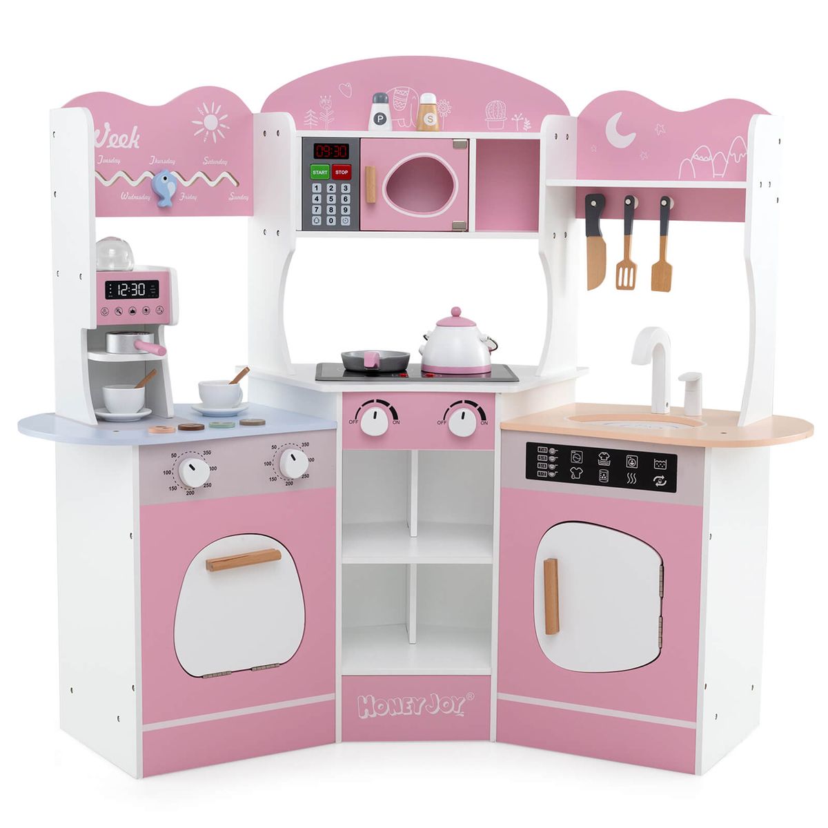 Costway Corner Kitchen Playset with Coffee Machine, 12-Piece, Ages 3+ - Pink