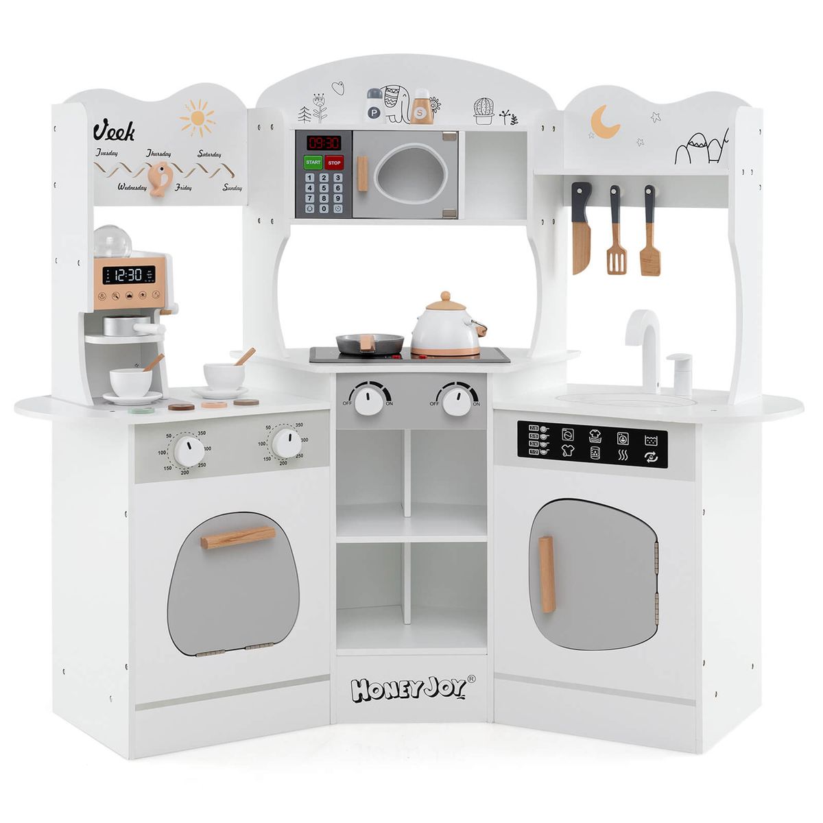 Costway Corner Kitchen Playset with Coffee Machine, 12-Piece, Ages 3+ - White