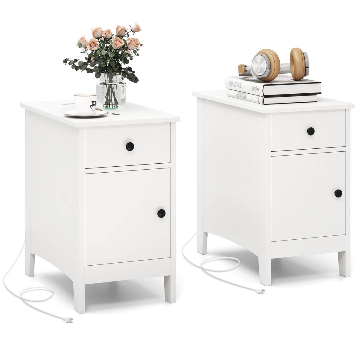 End Table with Charging Station and Built-In Power Strip - 2PCS End Table -White